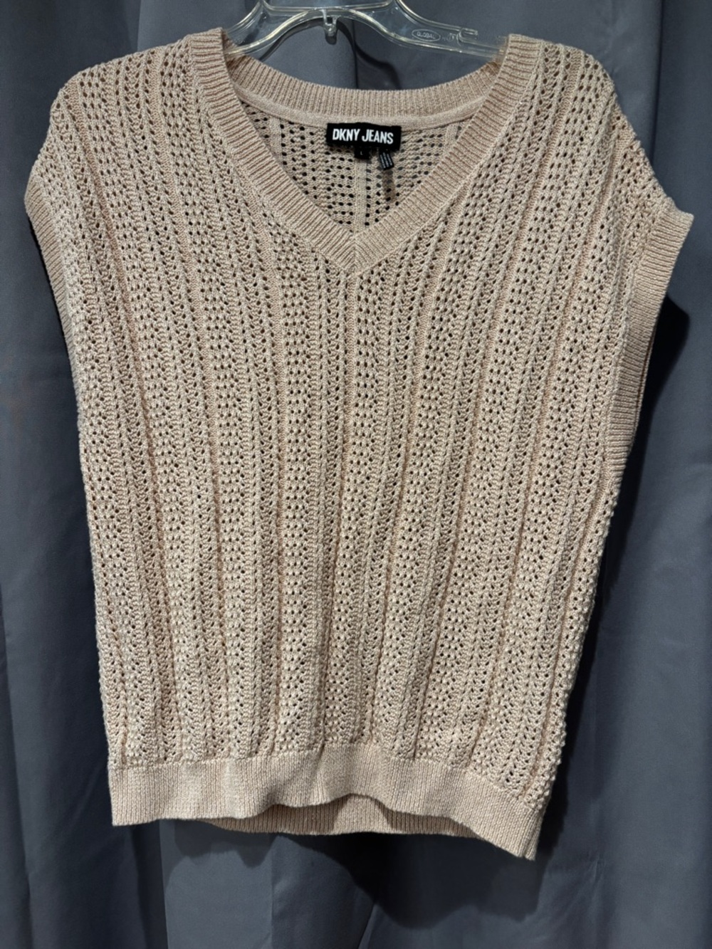 DKNY Jeans Beige Crochet V-Neck Sweater Vest